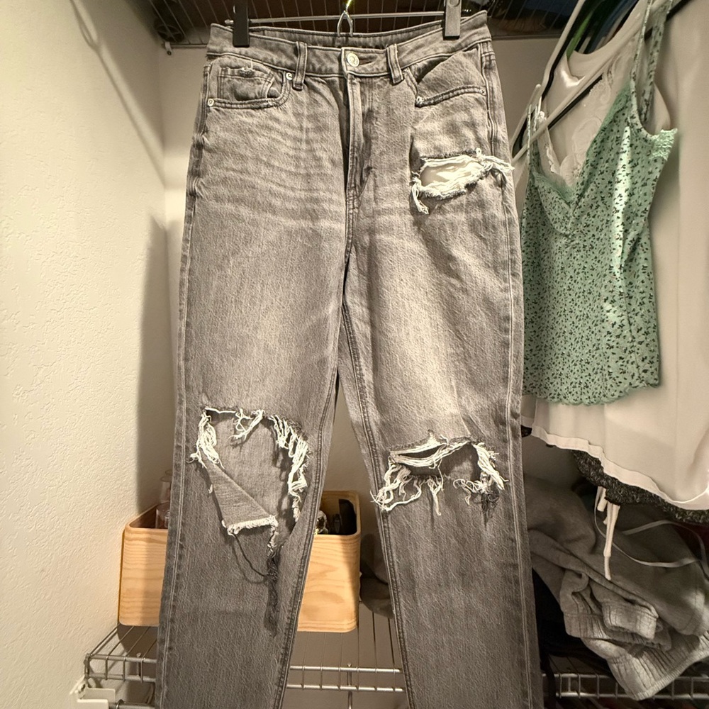 American Eagle Outfitters Gray Straight Leg Jeans with Distressed Details